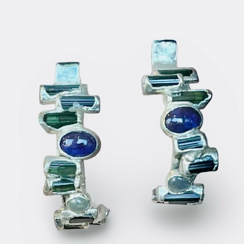 Pure Silver Artisan Green Tourmaline, Amethyst, Moonstone Earrings by C + R